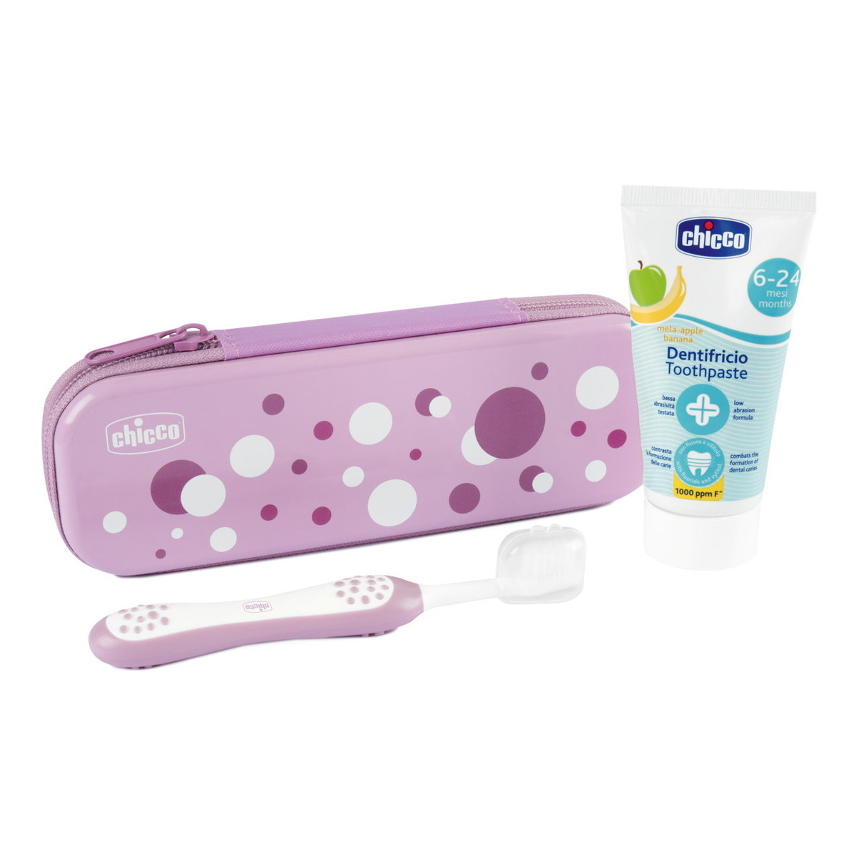 Chicco Zawsze z Uśmiechem Zestaw pasta do zębów 50ml + szczoteczka do zębów + etui 6-36m lila