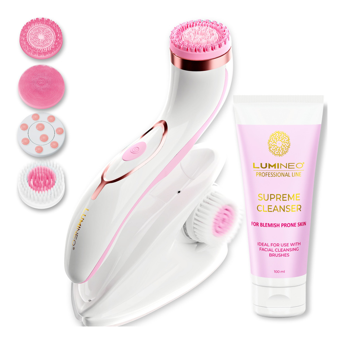 Lumineo Professional line szczoteczka do twarzy brush pro różowa + Żel oczyszczajacy lumineo do skóry trądzikowej i problematycznej 100 ml