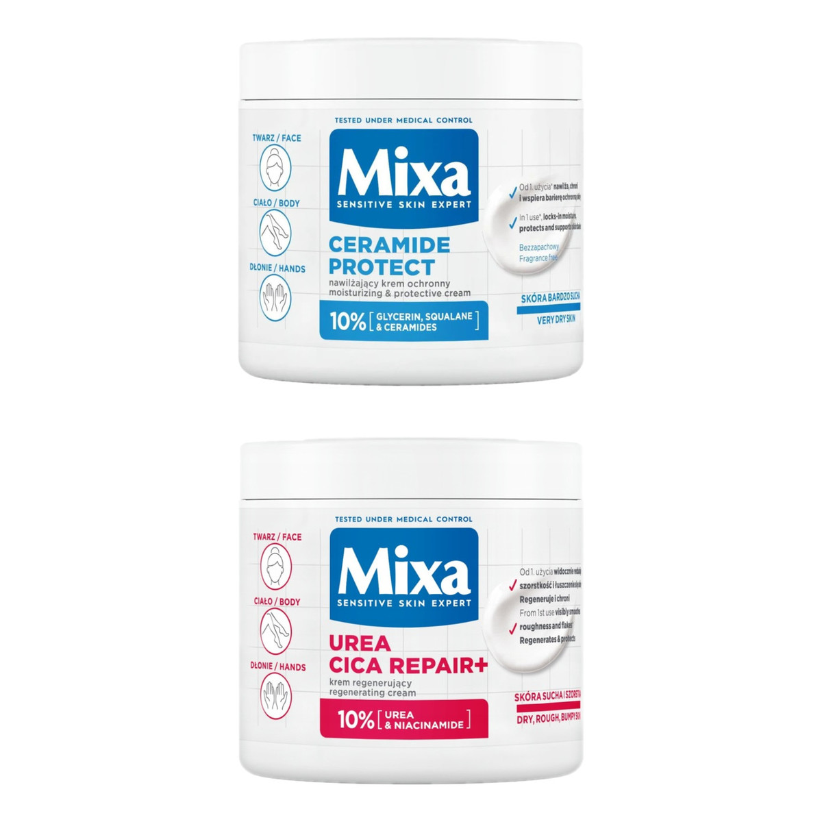 Mixa Urea Cica Repair+ Krem regenerujący + Ceramide Ochronny do twarzy dłoni i ciała 2x400ml