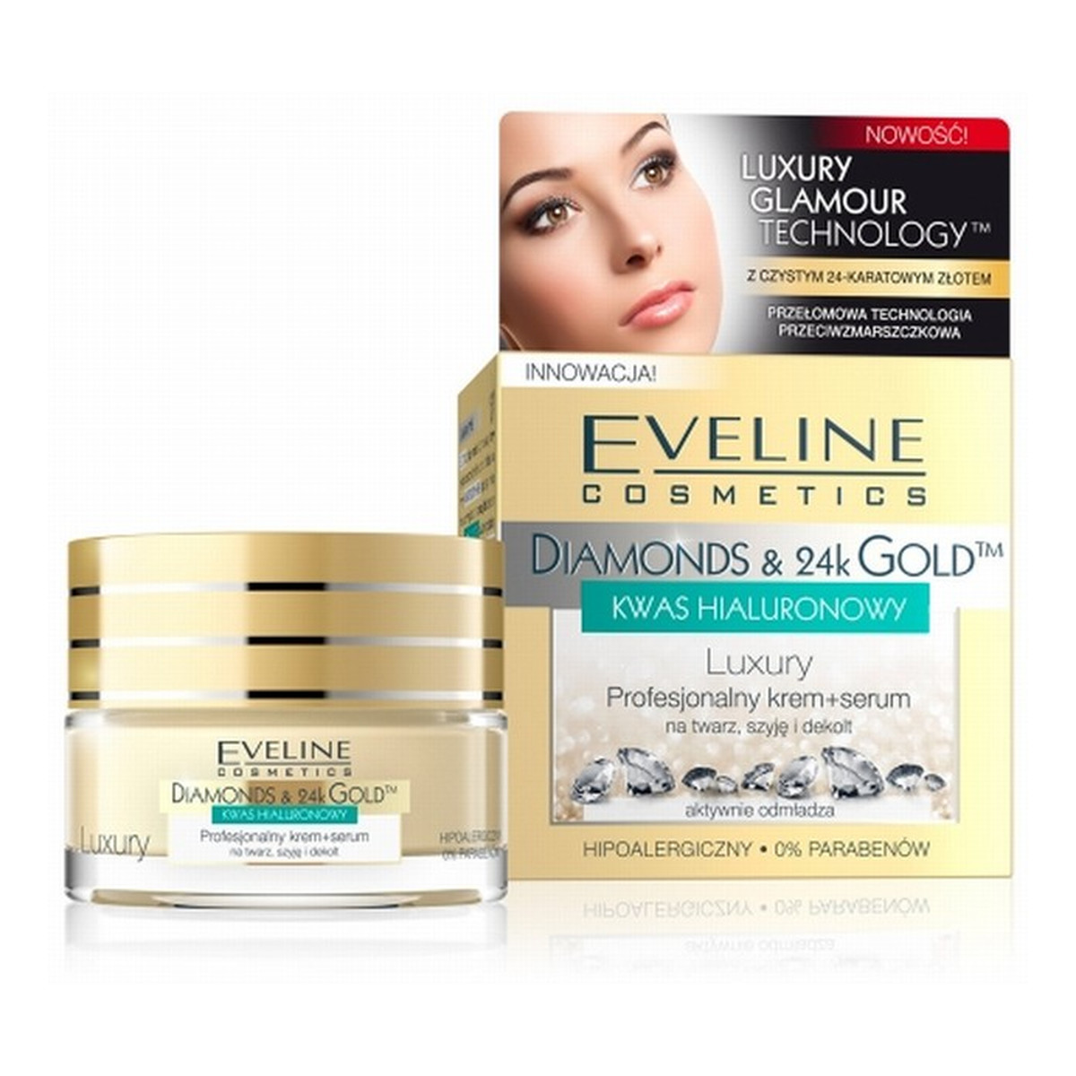 Eveline Diamonds & 24k Gold Profesjonalny Krem+Serum Na Twarz, Szyję i Dekolt 50ml