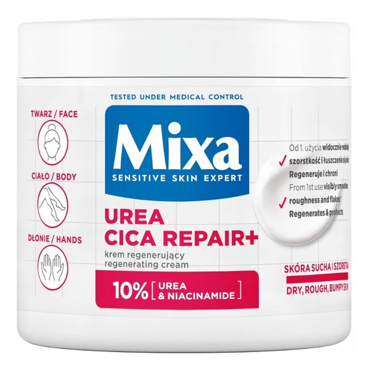 Mixa Urea Cica Repair+ Krem regenerujący + Ceramide Ochronny do twarzy dłoni i ciała 2x400ml