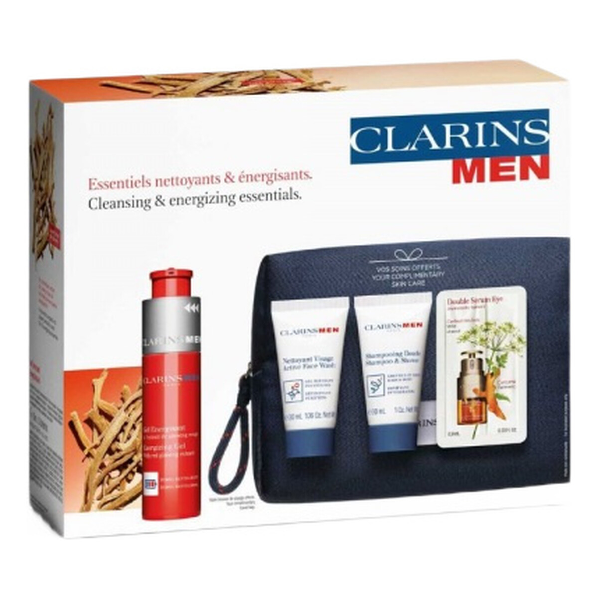 Clarins ClarinsMen Zestaw żel energetyzujący 50ml + żel do mycia twarzy 30ml + żel pod prysznic 30ml + serum pod oczy 0.9ml + kosmetyczka