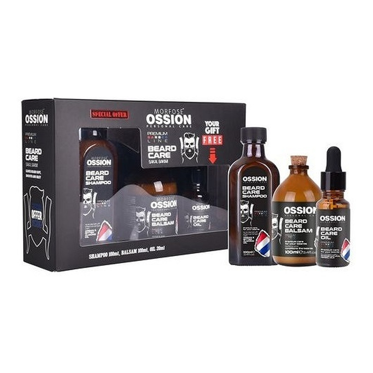 Morfose Ossion Premium Barber Beard Zestaw szampon do brody 100ml + balsam do brody 100ml + olejek do brody 20ml