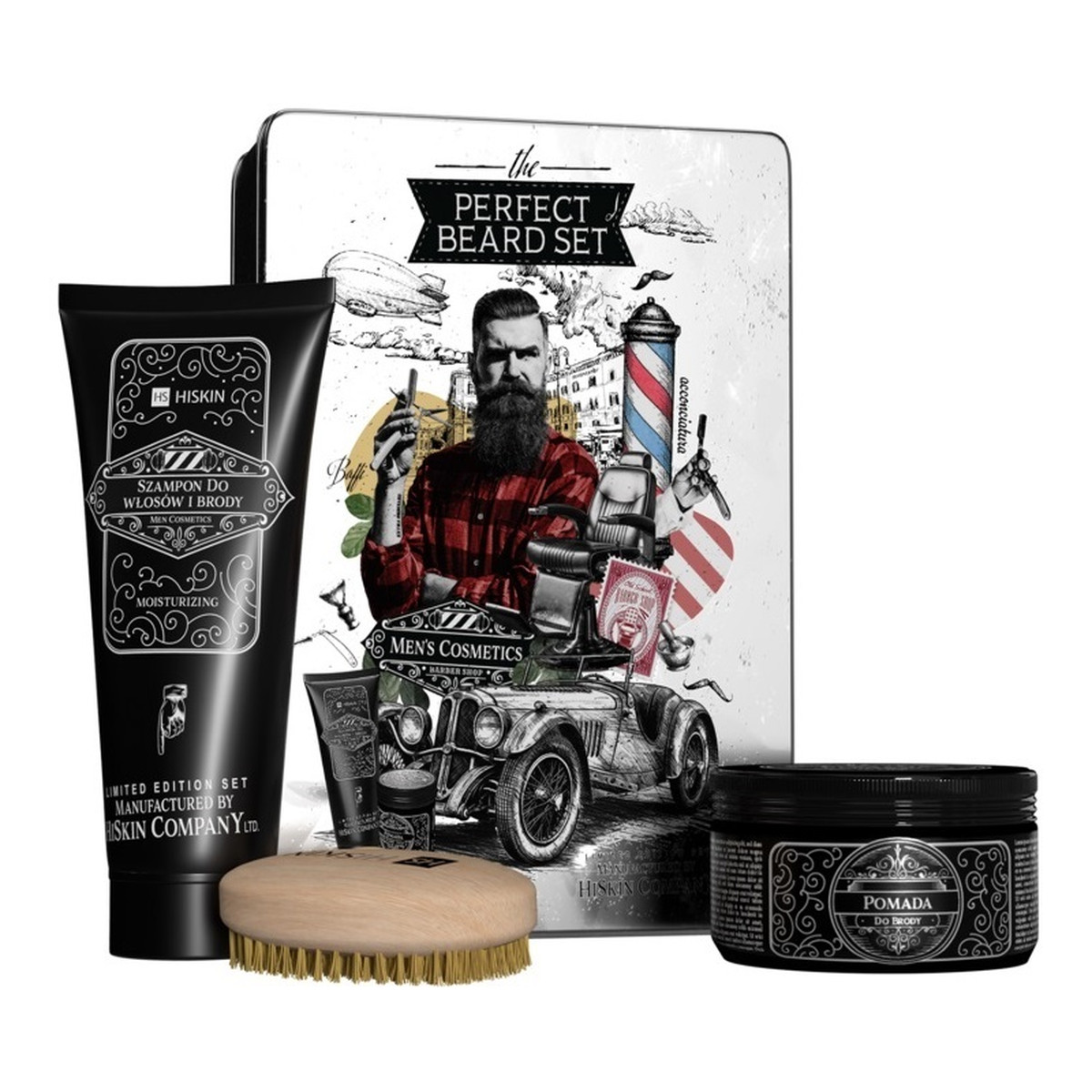 Hiskin The Perfect Beard Zestaw szczotka do brody + pomada do włosów i brody 100g + nawilżający szampon do włosów i brody 200ml