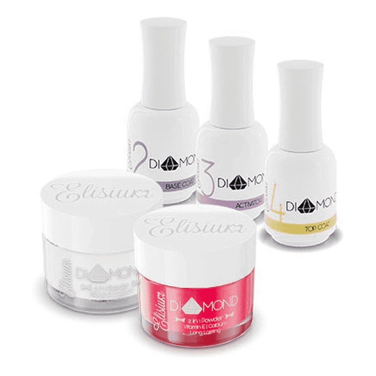 Elisium Zestaw Diamond Mini Base Coat 15ml + Activator 15ml + Top Coat 15ml + Clear 23g + żel Red East 23g
