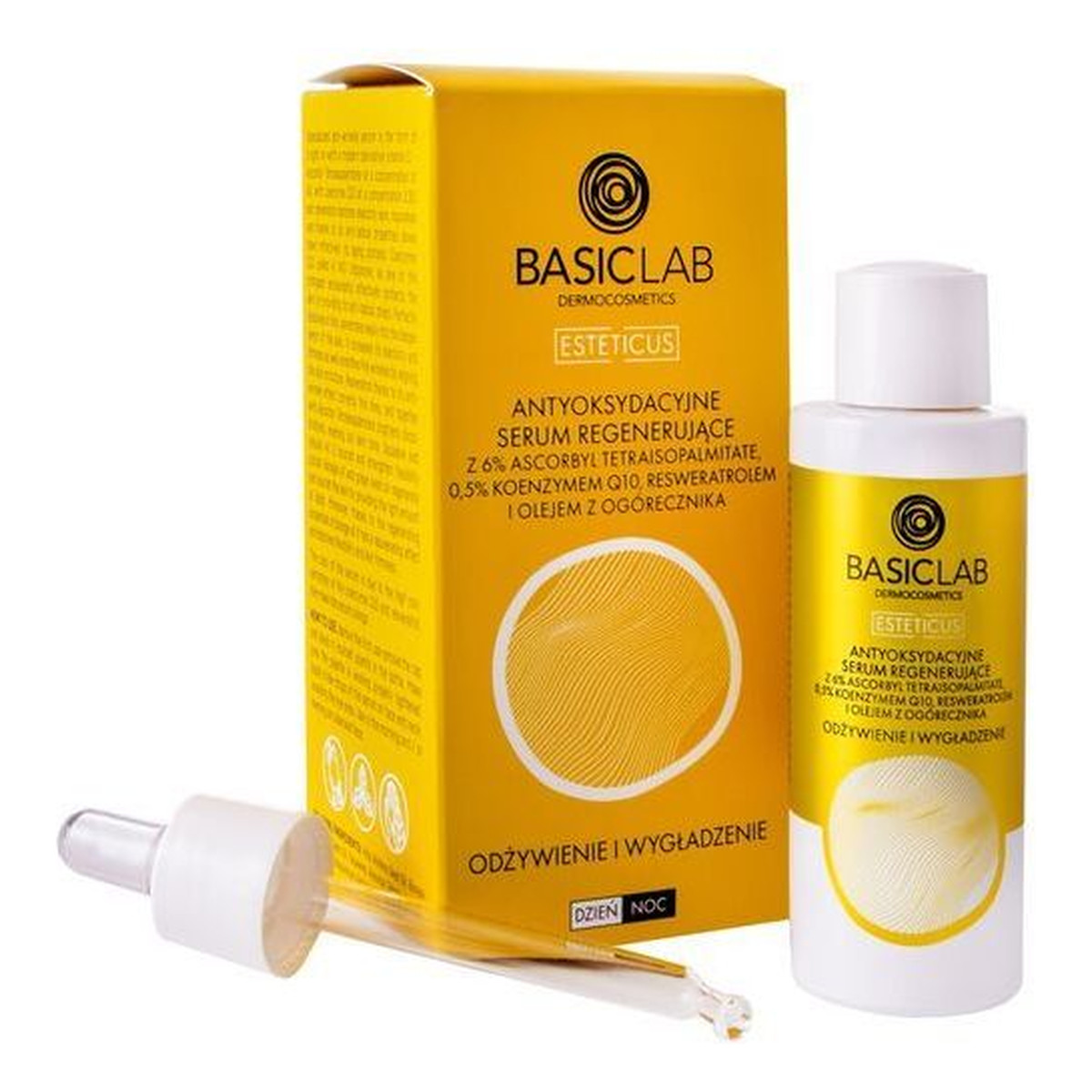 Basiclab Esteticus Antyoksydacyjne serum regenerujące 6% ascorbyl tetraisopalmitate 0.5% koenzymem Q10 i Olejem Z Ogórecznika 30ml