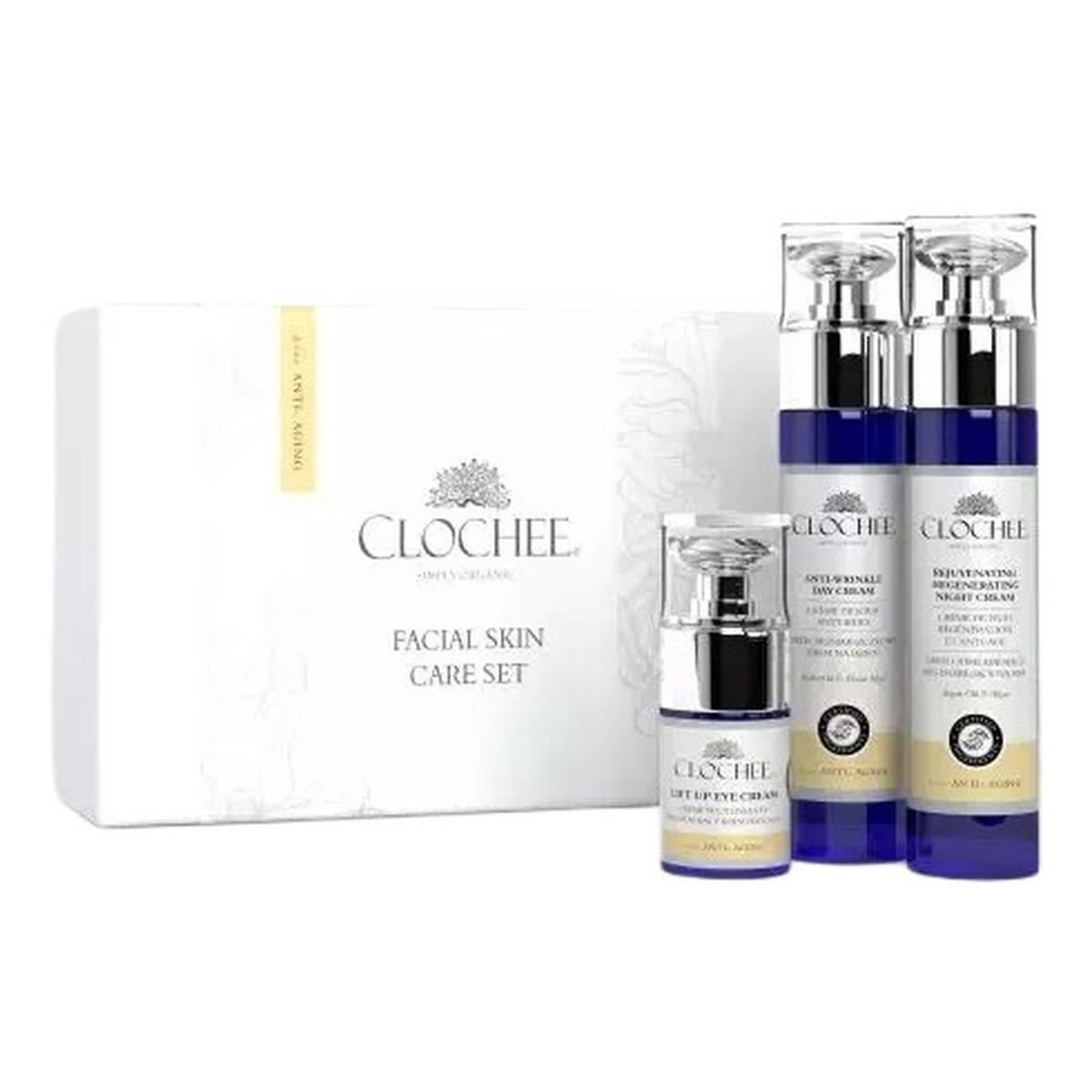 Clochee Anti-Age Facial Skin Care Zestaw przeciwzmarszczkowy krem na dzień 50ml + odmładzająco-regenerujący krem na noc 50ml + intensywnie regenerujący krem-maska pod oczy 15ml