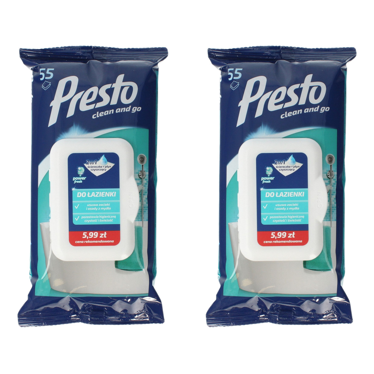 Presto Clean Ściereczki czyszczące+płyn 2w1 do łazienki zamknięcie pop up 2op.x55szt