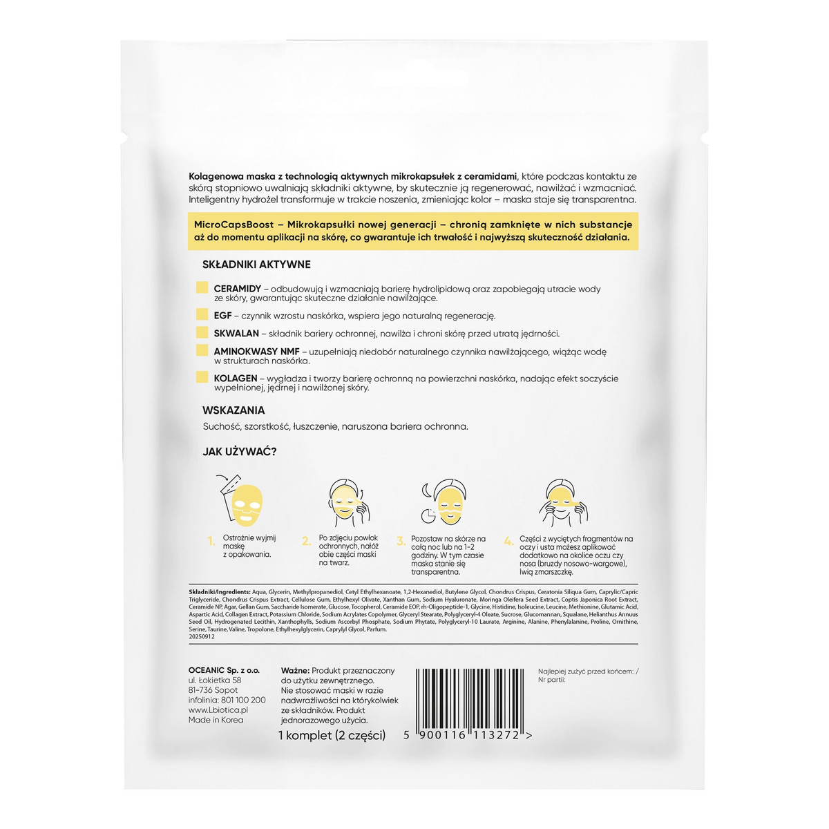 Lbiotica / Biovax L`biotica transformująca hydrożelowa maska kolagenowa z ceramidami w mikrokapsułkach-regeneracja i nawilżenie