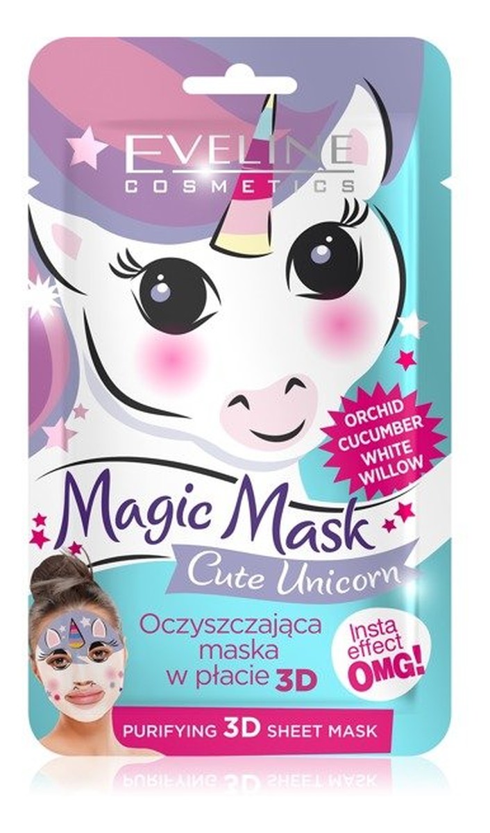Cute Unicorn oczyszczająca maska w płachcie 3D Orchidea & Ogórek Biała Wierzba