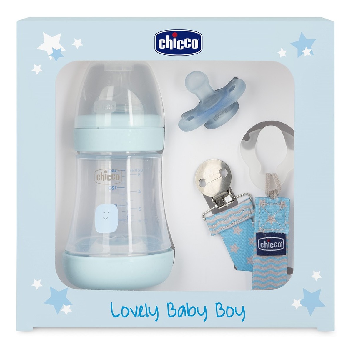 Chicco Lovely Baby Boy Zestaw butelka antykolkowa perfect 5 150ml + smoczek physioforma mini soft + tasiemka do smoczka