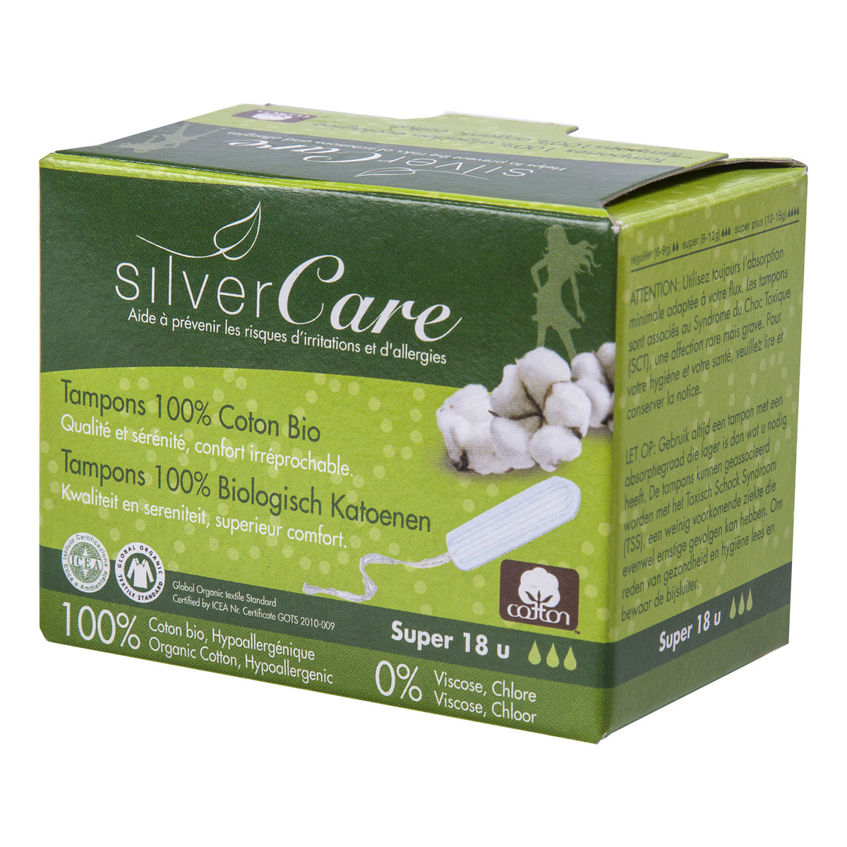 MASMI Silver Care Organiczne bawełniane tampony Super bez aplikatora 100% bawełny organicznej 18szt