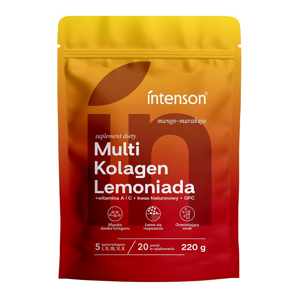 Intenson Multi Kolagen Lemoniada + witamina C + kwas hialuronowy + OPC suplement diety Mango-Marakuja 220g