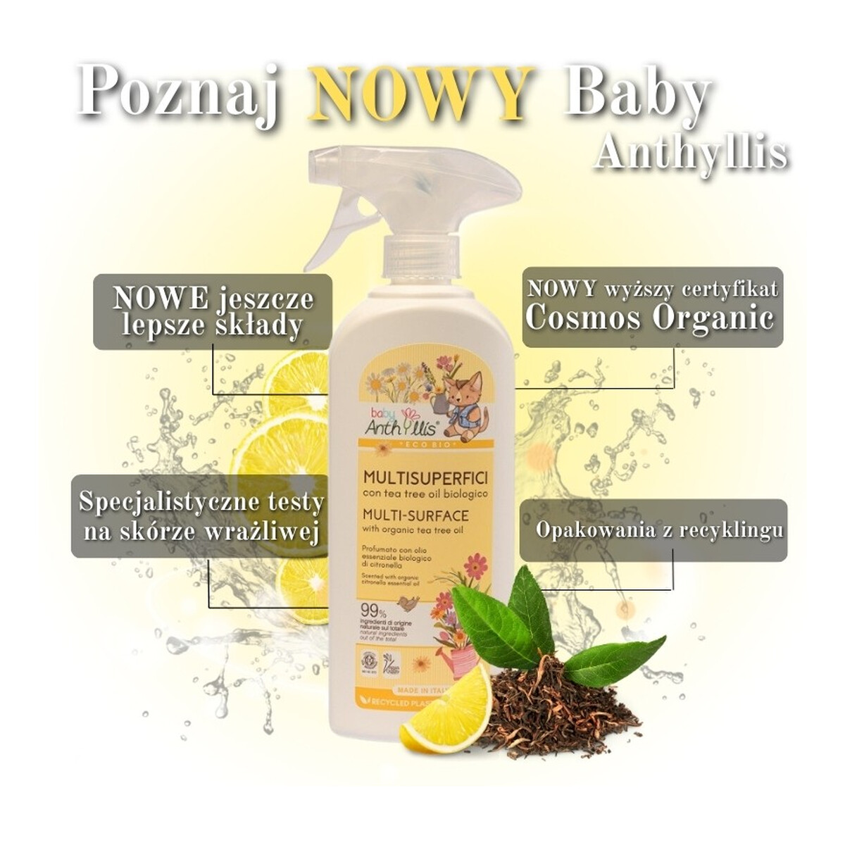 Anthyllis Baby Eko Spray do czyszczenia powierzchni mających kontakt z dzieckiem z olejkiem z drzewa herbacianego 500ml