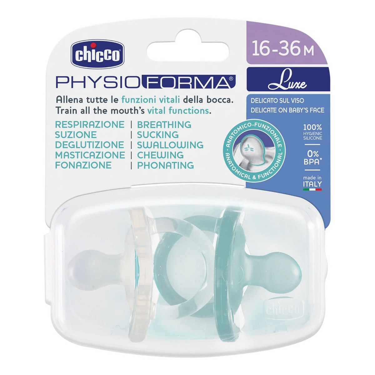 Chicco Physioforma luxe smoczek silikonowy uspokajający 16-36m niebieski 2szt.