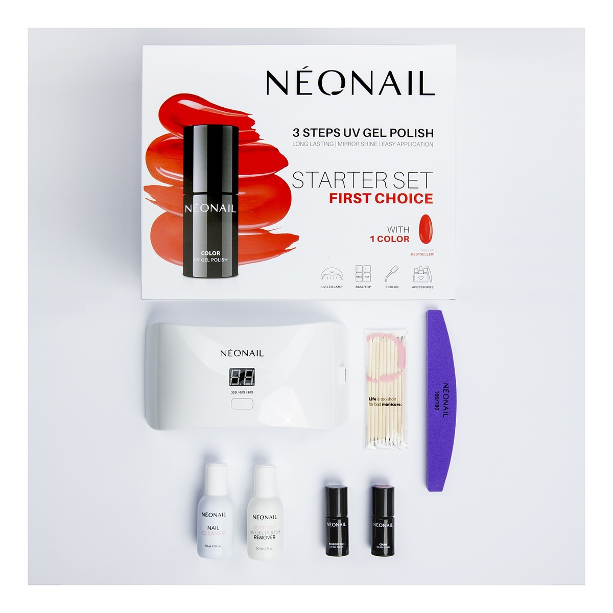 NeoNail First Choice Zestaw startowy do hybryd: 2 lakiery + lampa + akcesoria