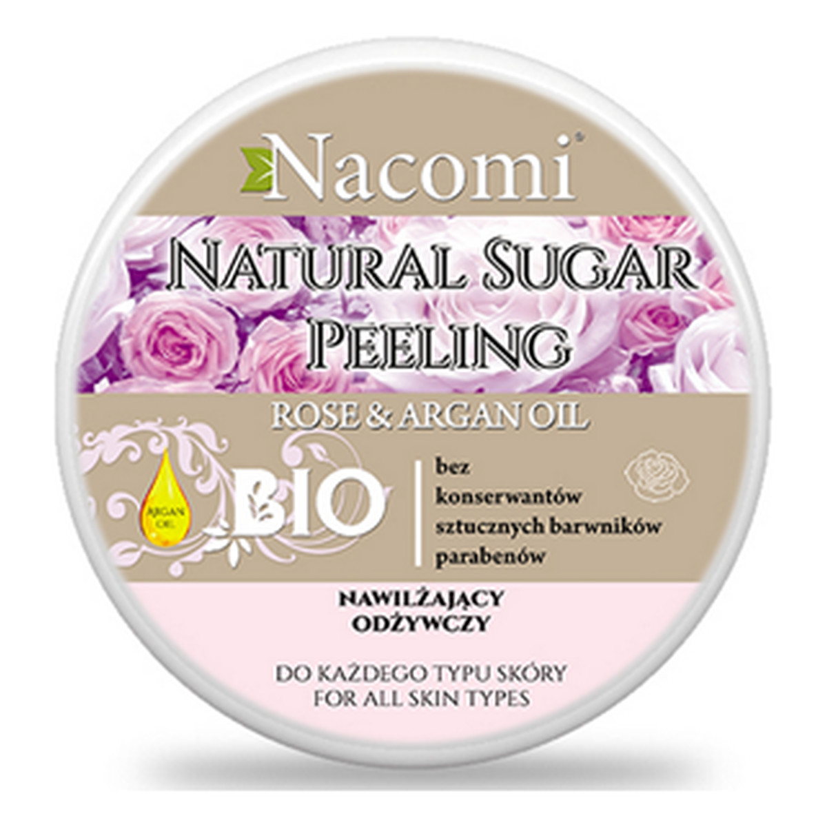 Nacomi Rose & Argan Oil Natural Sugar Peeling Peeling Cukrowy Róża Olej Arganowy Nawilża Odżywia Do każdegp typu skóry 100ml