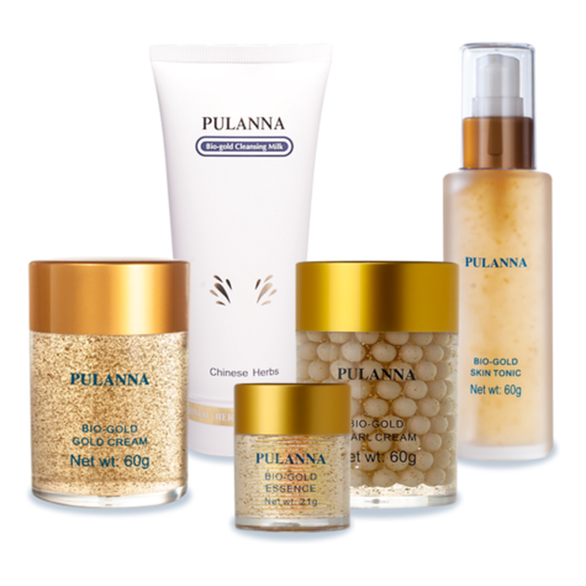 Pulanna Bio-Gold Zestaw kosmetyków Krem ze złotem + Żel ze złotem pod oczy + Mleczko oczyszczające do twarzy + Krem perłowy ze złotem + Tonik ze złotem