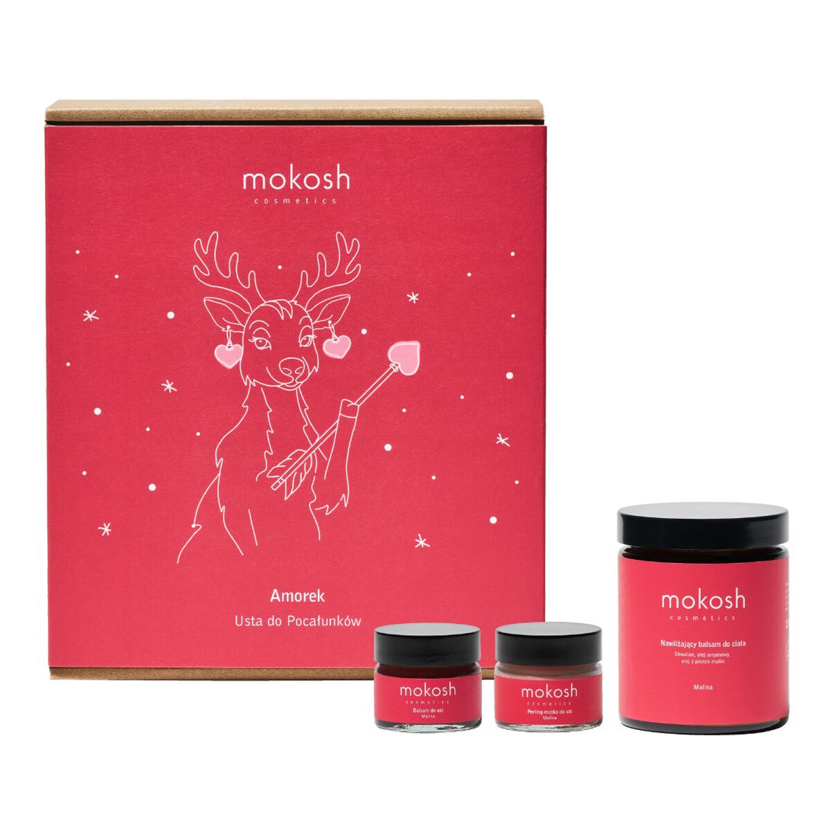 Mokosh Amorek Usta do Pocałunków Zestaw balsam do ust 15ml + peeling do ust 15ml + nawilżający balsam do ciała 180ml