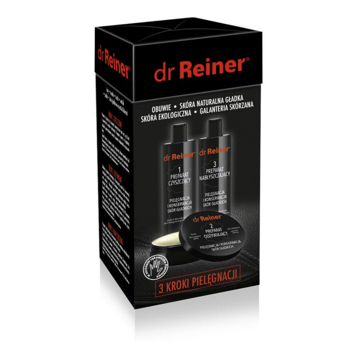 dr Reiner 3 Kroki Pielęgnacji Skór zestaw (preparat czyszczący 200g + preparat nabłyszczający 75g + preparat odżywiający 240g)