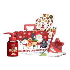 Children's christmas set grające mydełko 200ml + świąteczna skarpeta na prezenty 1szt + naklejki świąteczne 1szt + długopis 1szt + papeteria do świętego mikołaja 1szt + kula do kąpieli gwiazda 1szt + metalowa walizka