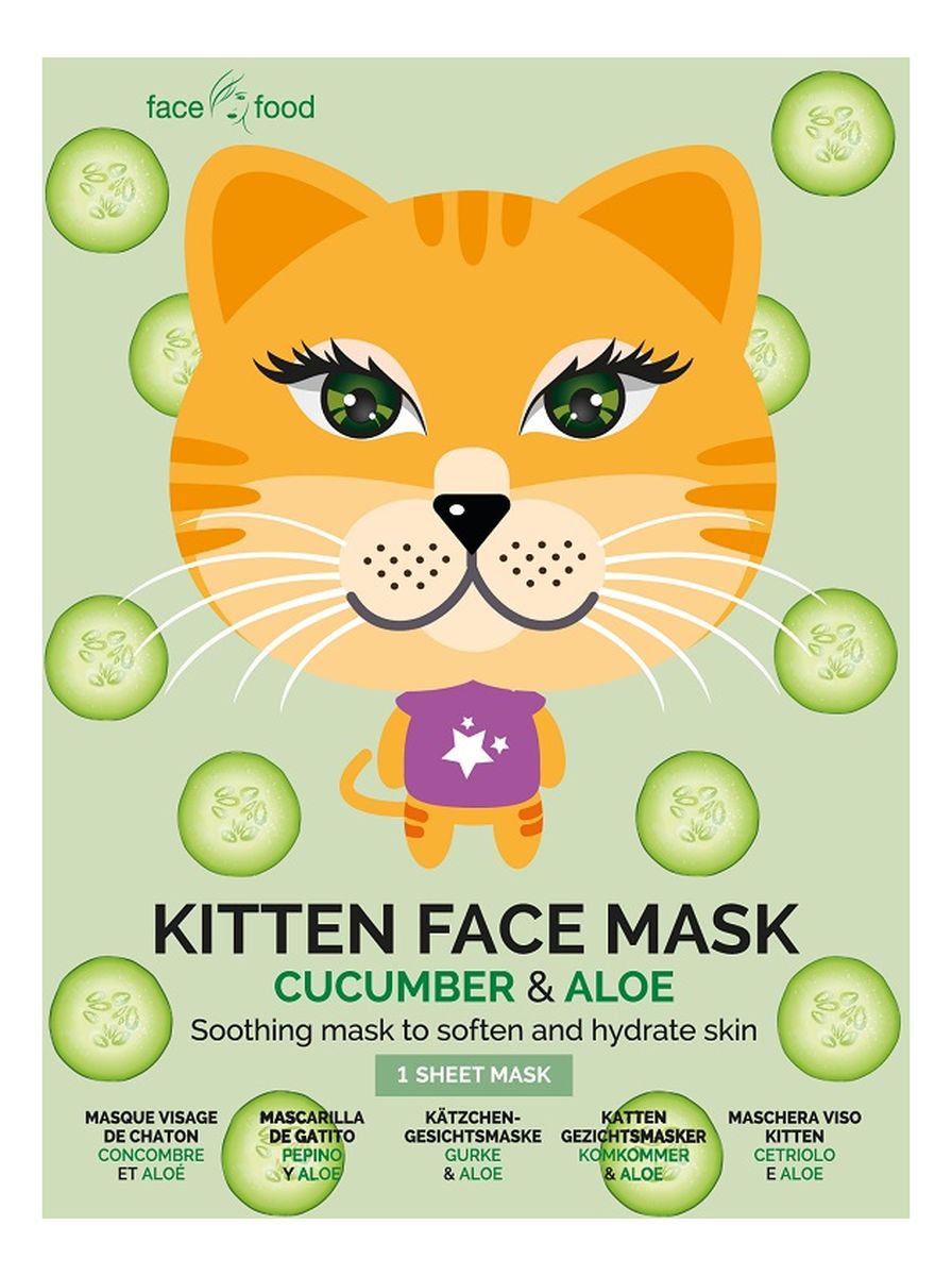Kitten Face Mask kojąca maseczka w płachcie zmiękczająca i nawilżająca skórę Cucumber & Aloe