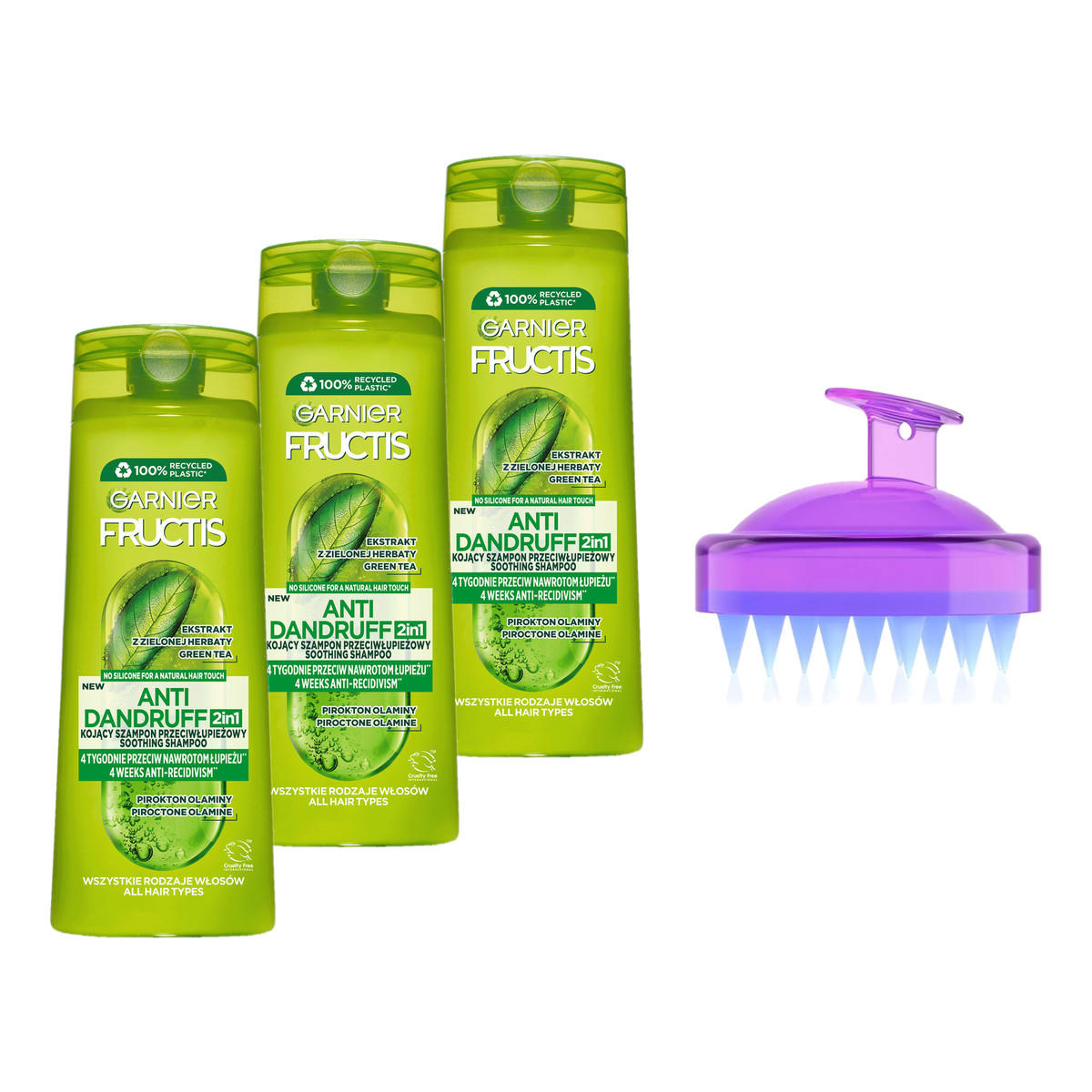 Garnier Fructis Anti Dandruff 2w1 Kojący szampon przeciwłupieżowy 3x400ml + Masażer