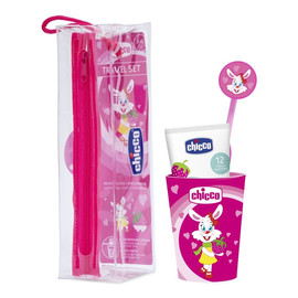 Zestaw podróżny do mycia zębów pasta + szczoteczka + kubek + etui 3-6l różowy