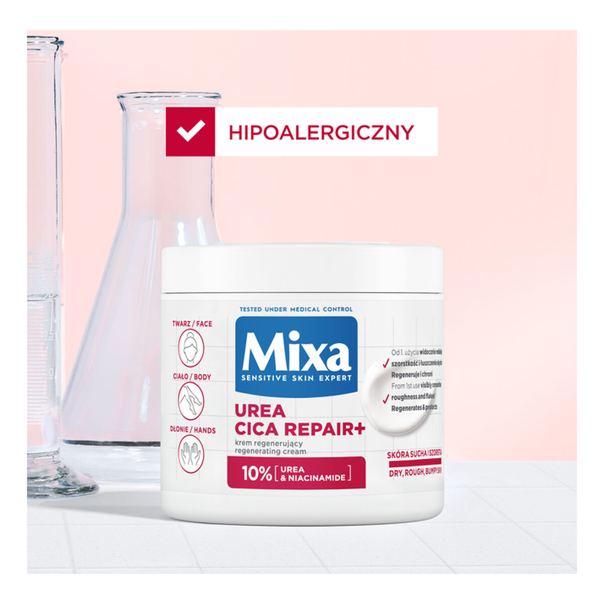 Mixa Urea Cica Repair+ Krem regenerujący + Ceramide Ochronny do twarzy dłoni i ciała 2x400ml