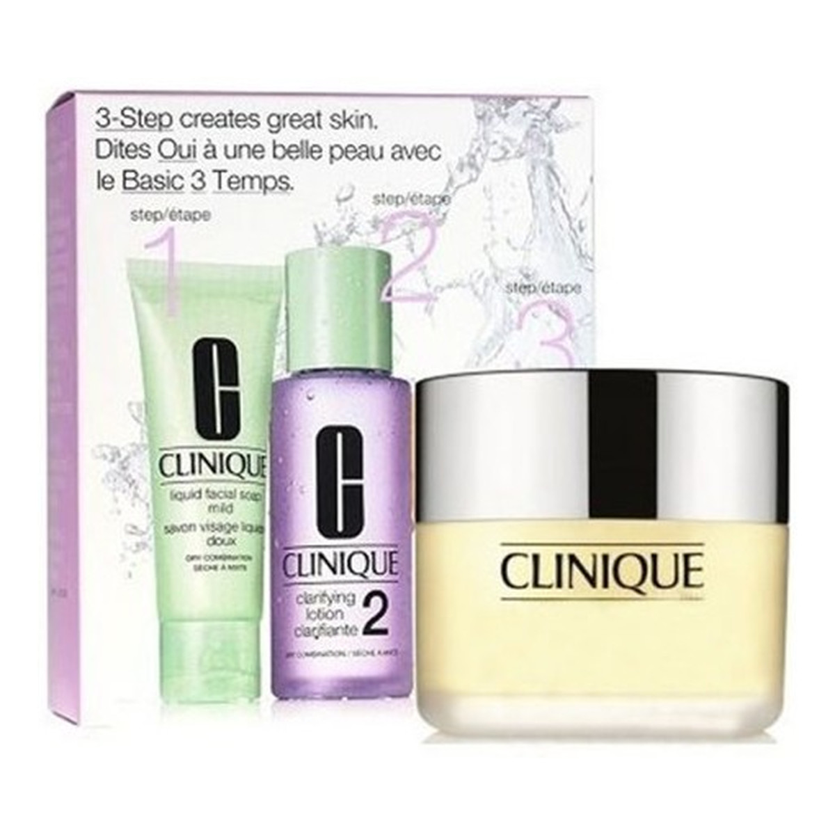 Clinique Zestaw 3 Kroki Typ skóry 2 - Mieszana w stronę suchej Mydło w płynie 50ml + Płyn oczyszczający 100ml + Krem nawilżający 30ml