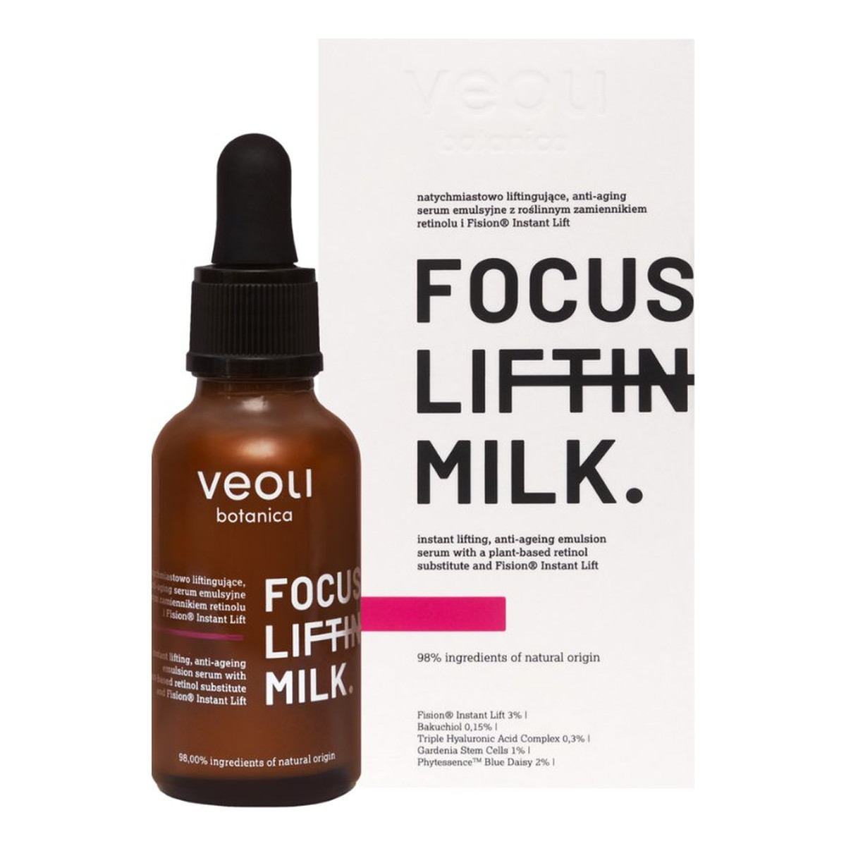 Veoli Botanica Focus Lifting Milk natychmiastowo liftingujące anti-aging serum emulsyjne z roślinnym zamiennikiem retinolu i Fision® Instant Lift 30ml