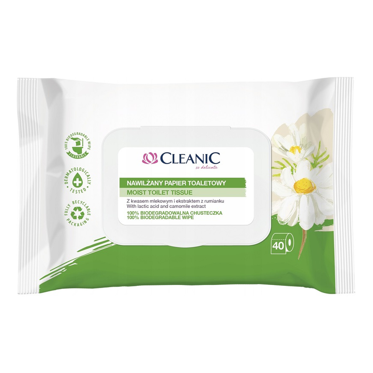 Cleanic Moist Toilet Tissue Nawilżany papier toaletowy z kwasem mlekowym i ekstraktem z rumianku 40 szt.