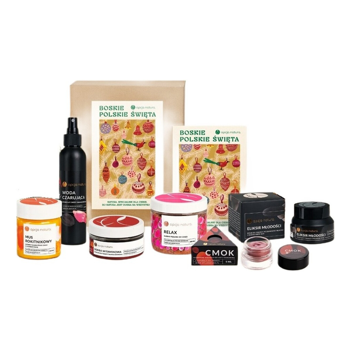 Opcja Natura Boskie Polskie Święta Zestaw woda czarująca 100ml + słodki peeling do ciała 200ml + ochronne masło do ust z żurawiną 5ml + eliksir młodości 50ml + mus rokitnikowy do ciała 120ml + maseczka do twarzy z glinką czerwoną 100ml