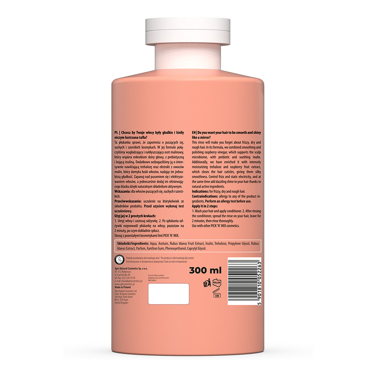 Apis PICK'N'MIX Wygładzająca malinowa płukanka octowa do włosów 300ml