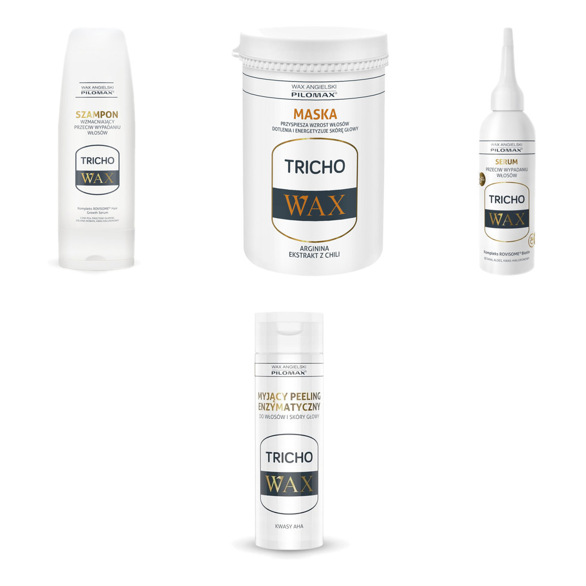 Pilomax Wax Tricho Maska + Serum + Peeling + Szampon przyspieszające wzrost i przeciw wypadaniu