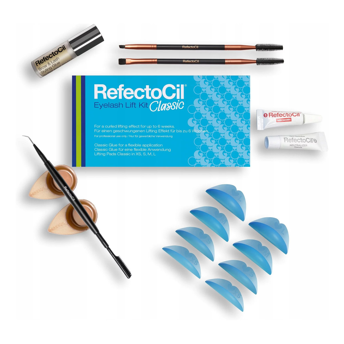 RefectoCil Eyelash Lift Kit trwała na brwi i 3,5ml + neutralizator + klej stylizacji brwi i + lifter + pędzelki + naczynia aplikacji + 2X Podkładki Do Liftingu Rzęs Classic Xs, S, M, L