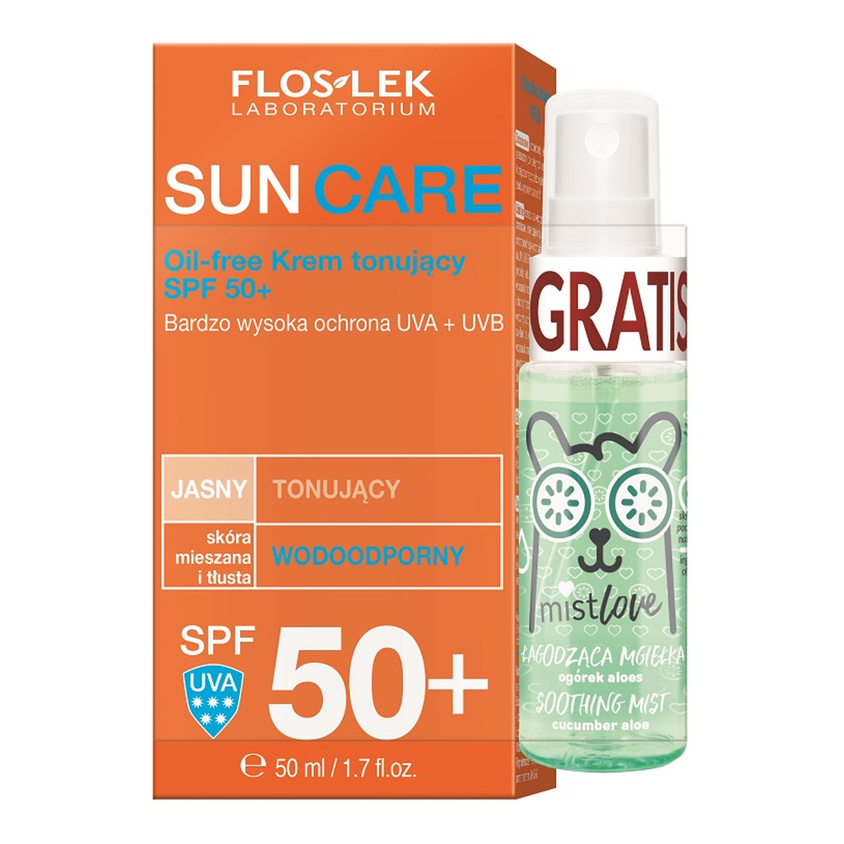FlosLek Sun Care Oil-free Krem tonujący SPF 50 skóra mieszana i tłusta 50ml + MISTLOVE łagodząca mgiełka ogórek aloes 50ml