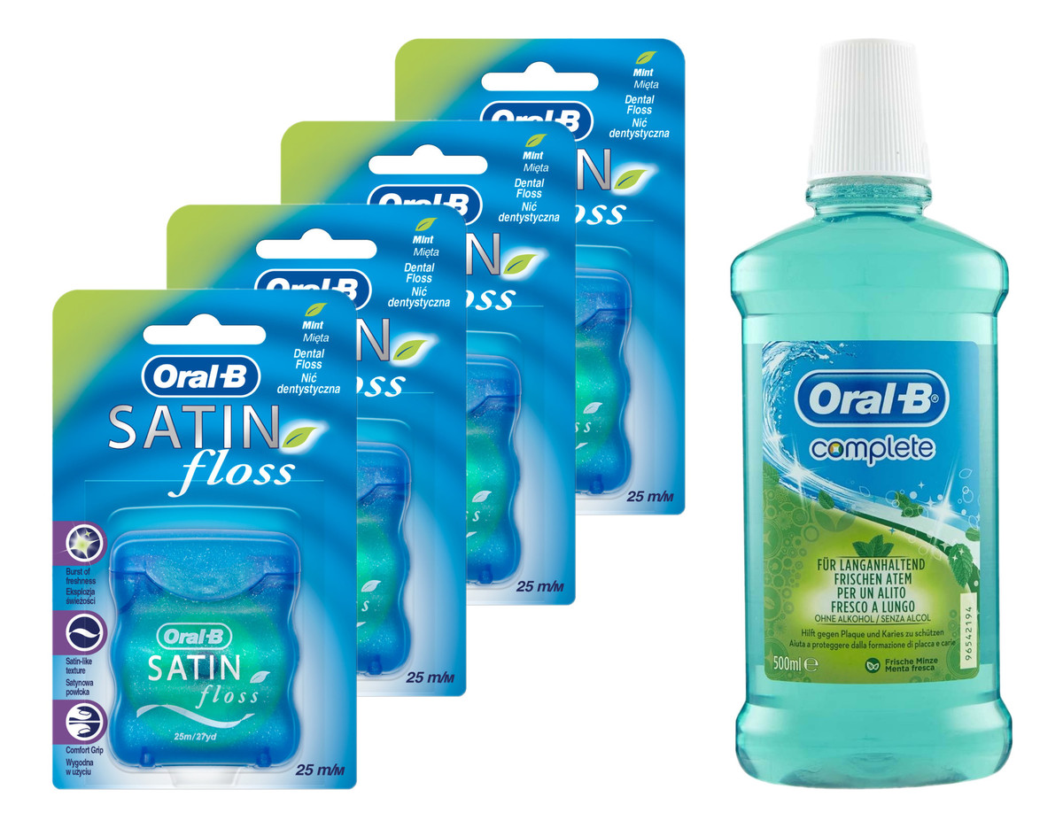 Nić dentystyczna miętowa, 25m x4 + Płyn do jamy ustnej 500ml