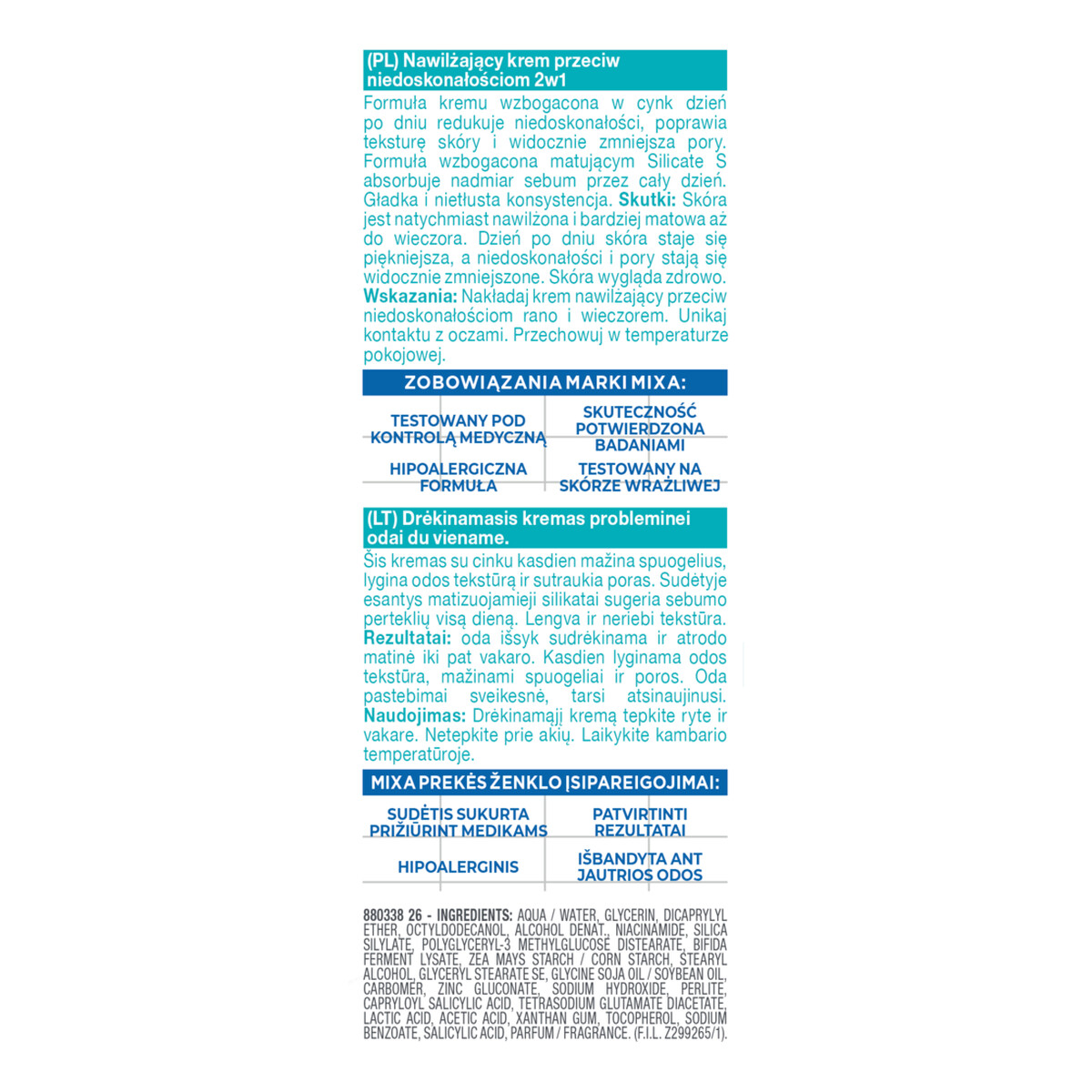 Mixa Krem Nawilżający Do Twarzy Przeciw Niedoskonałościom 2w1 2x50ml Skóra Wrażliwa