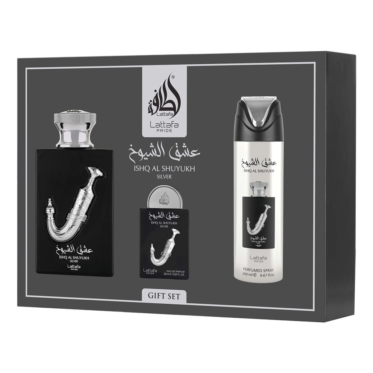 Lattafa Ishq Al Shuyukh Silver Zestaw woda perfumowana spray 100ml + woda perfumowana spray 20ml + dezodorant spray 200ml