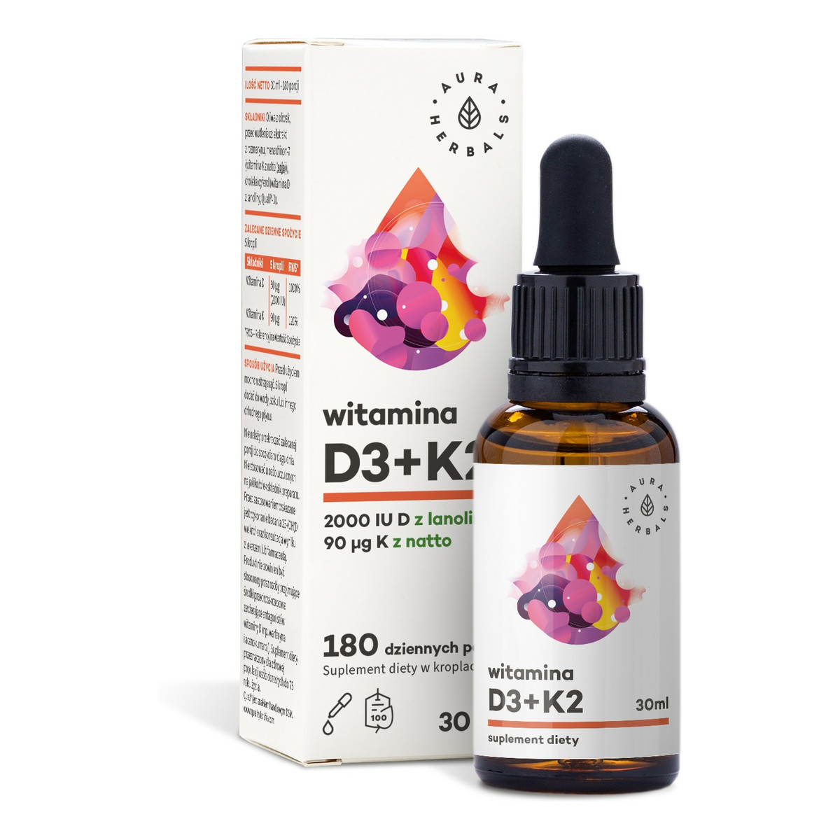 Aura Herbals Witamina D3 2000 IU + K2 MK-7 - krople 30ml