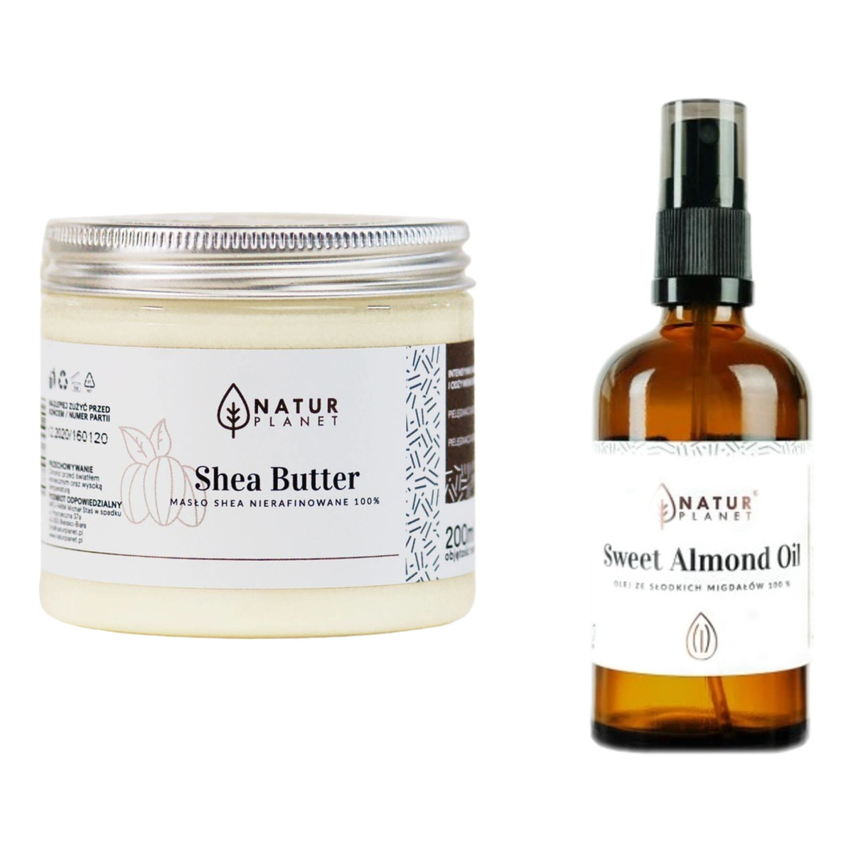 Natur Planet Nierafinowane Masło Shea do ciała 200ml + Olej słodkich migdałów 100ml