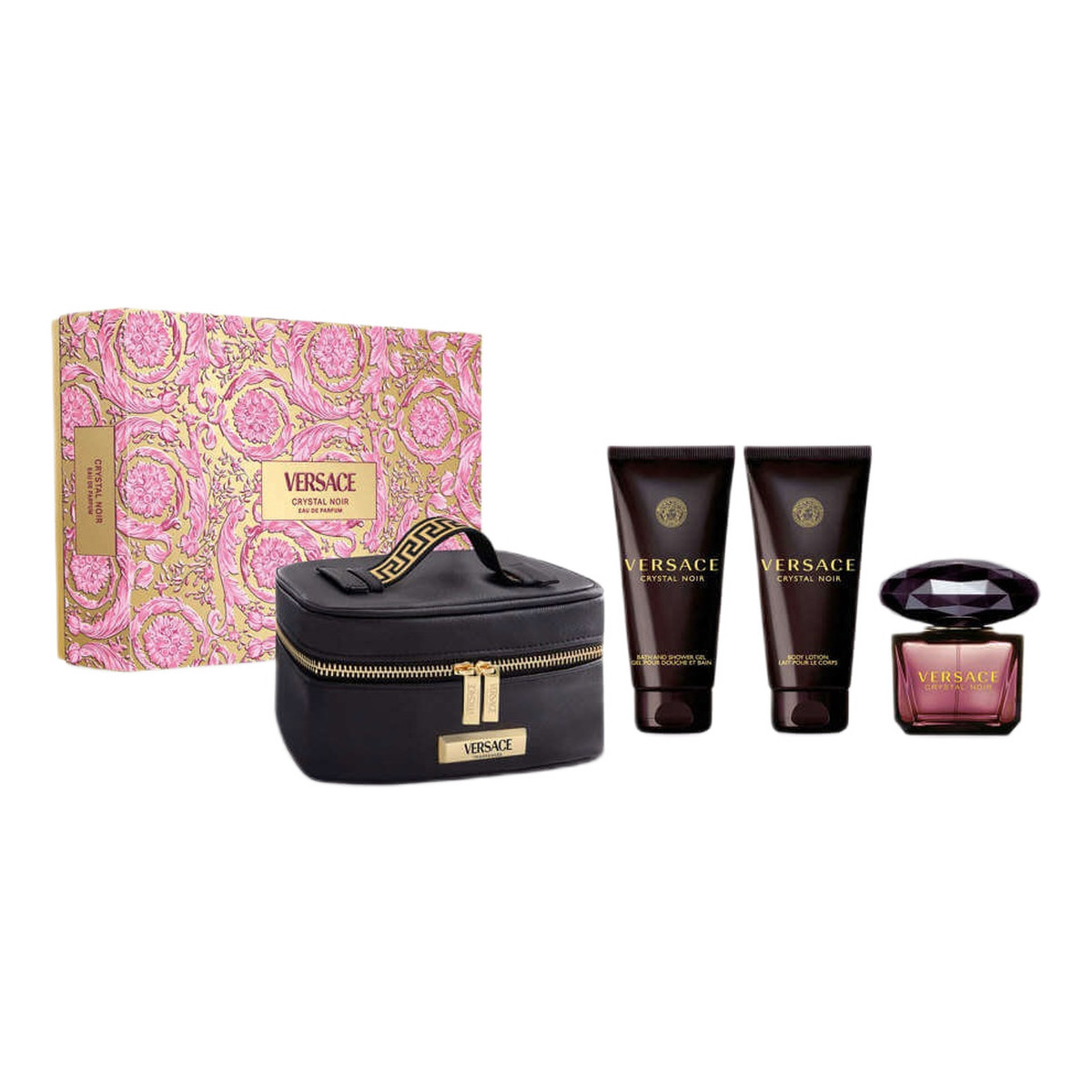 Versace Crystal Noir Zestaw woda perfumowana spray 90ml + balsam do ciała 100ml + żel pod prysznic 100ml + kosmetyczka