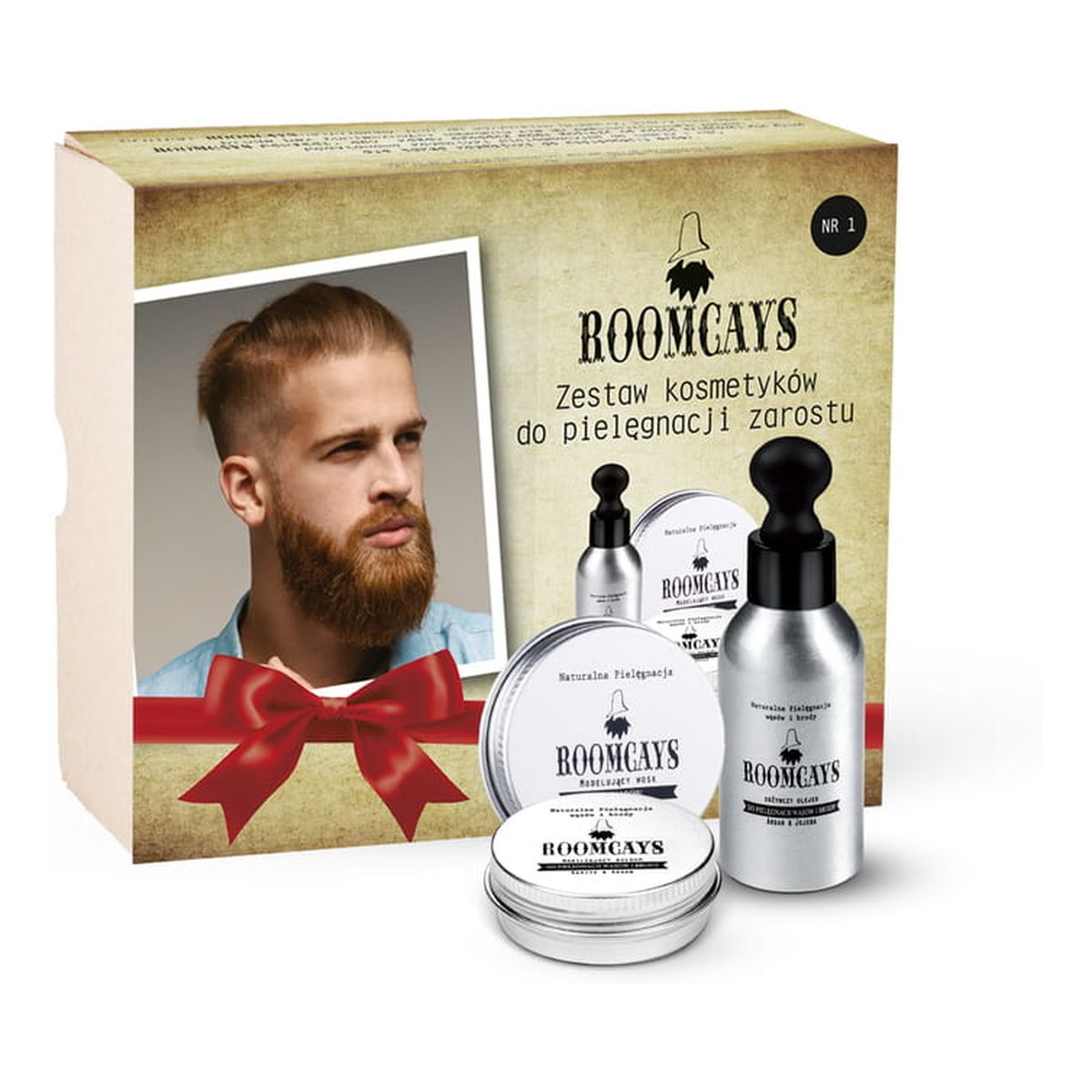 Roomcays Zestaw #1 kosmetyków dla mężczyzn olejek do brody 50ml + wosk do wąsów 30ml + balsam do zarostu 30ml