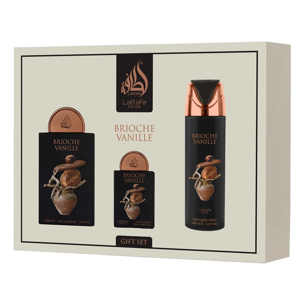 Lattafa Brioche Vanille Zestaw woda perfumowana spray 100ml + woda perfumowana spray 20ml + dezodorant spray 200ml