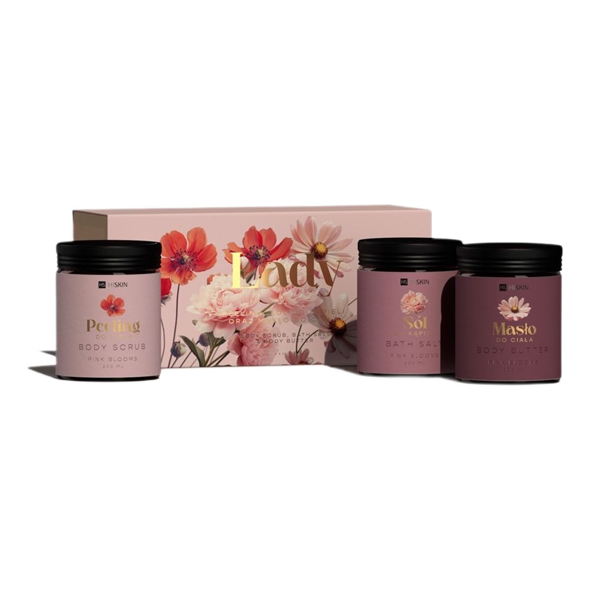 Hiskin Lady Flowers Zestaw sól do kąpieli 200ml + peeling do ciała 200ml + masło do ciała 200ml