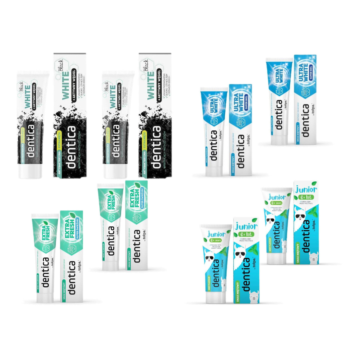 Tołpa Dentica Pasta do zębów 2x z węglem 2x Extra Fresh 2x Ultra White 2xJunior 6+