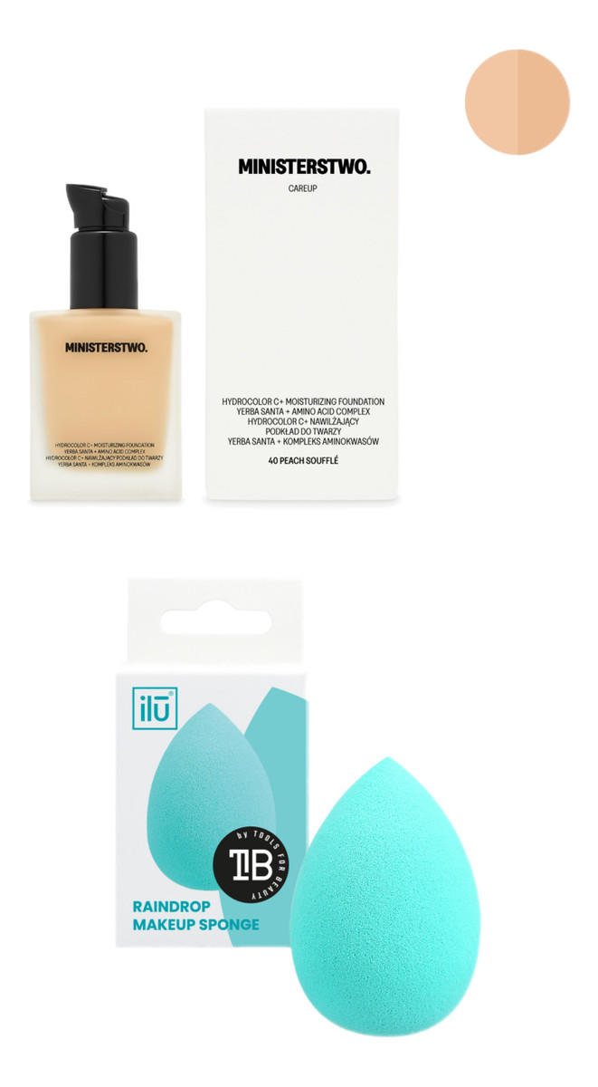 Naturalny podkład do twarzy Peach Souffle (40) + Gąbeczka do podkładu Turquoise