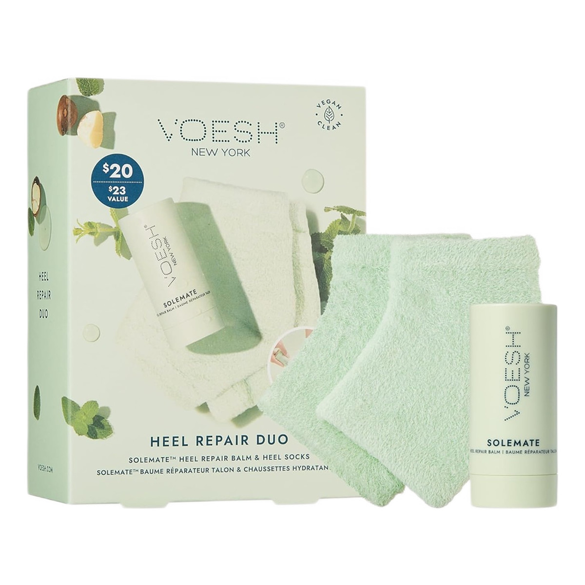 Voesh Heel Repair Duo Zestaw regenerujący balsam w sztyfcie 22ml + skarpetki do pięt mint 1 para