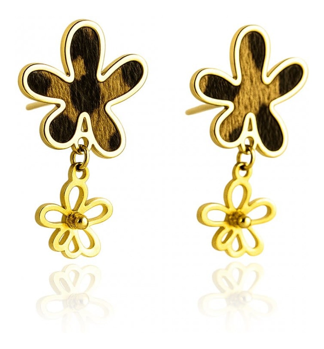 Kolczyki ze stali szlachetnej pozłacane 14k złotem, panterka i kwiaty KST3445